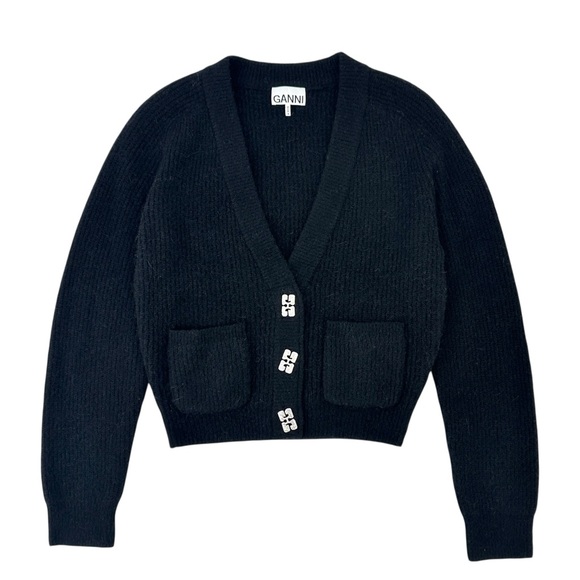 GANNI Black Crystal-Cut Diamond Button Wool Knit Loose Fit Cardigan Sweater Top - Picture 4 of 13